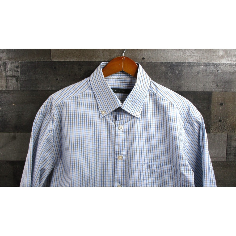 Ermenegildo Zegna Shirt Mens XL Blue Brown Tattersall Button Down Dress Cotton